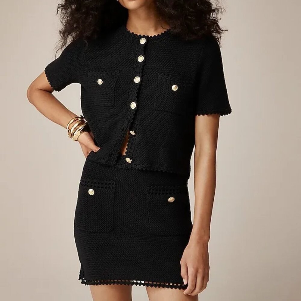 J. Crew Black Knit Two-Piece Skirt Set with Gold Buttons